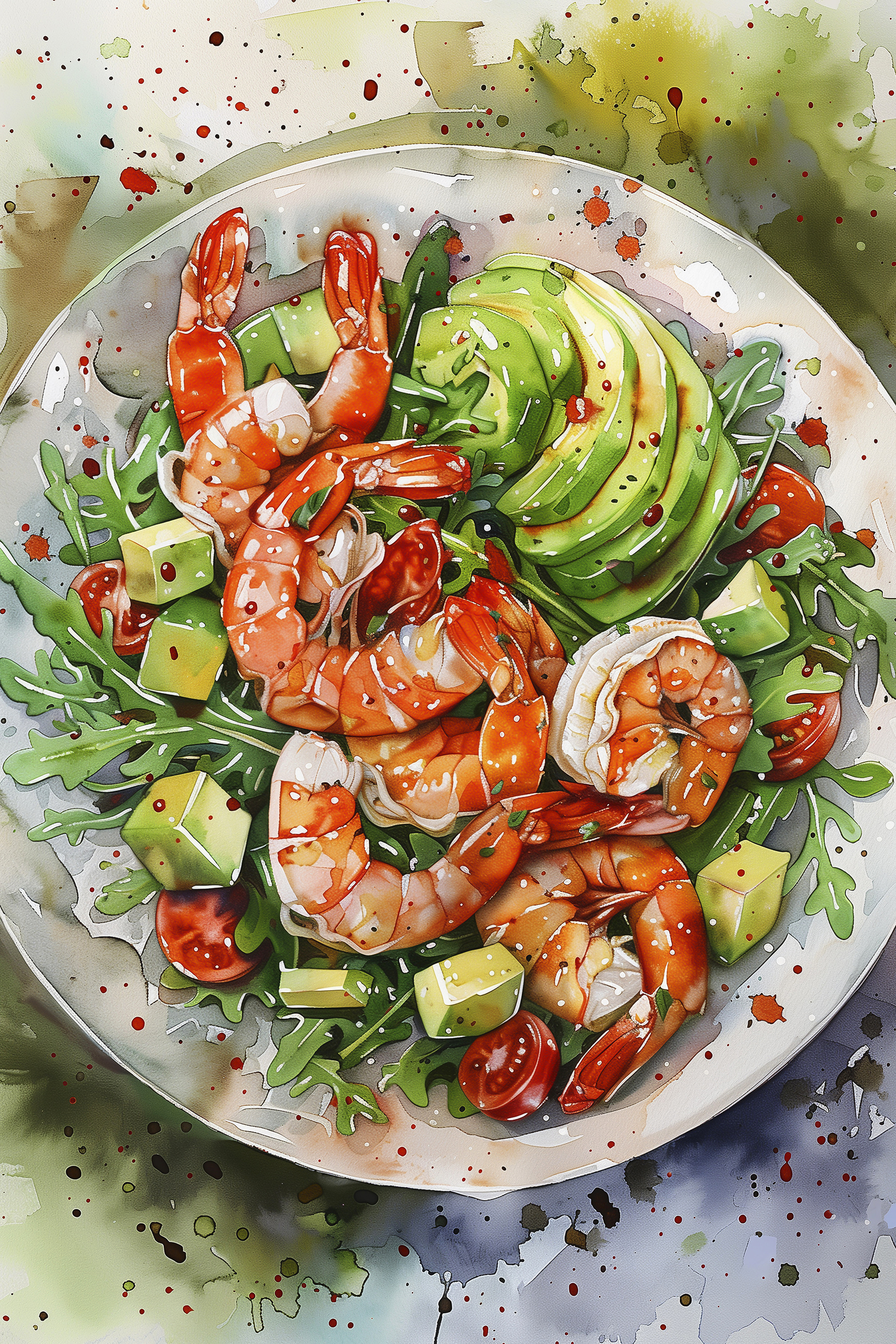 Watercolor painting of a plate of shrimp and avocado Watercolor painting of a plate of shrimp and avocado