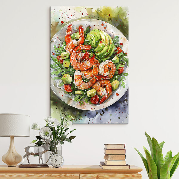 Watercolor painting of a plate of shrimp and avocado Watercolor painting of a plate of shrimp and avocado