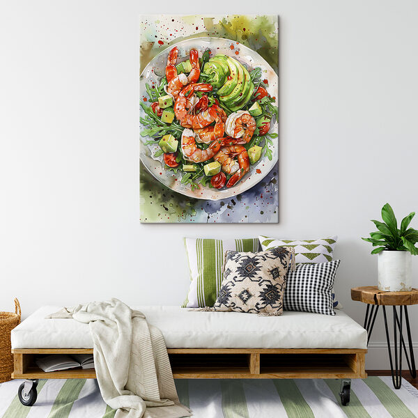 Watercolor painting of a plate of shrimp and avocado Watercolor painting of a plate of shrimp and avocado