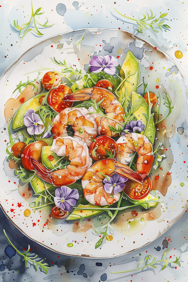 Watercolor painting of a plate of shrimp and avocado