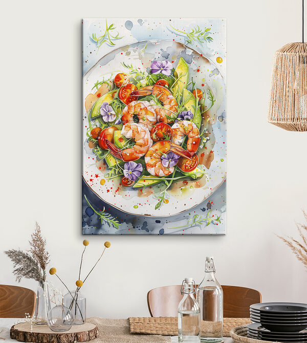Quadri Quadri Acquerello raffigurante un piatto di gamberetti e avocado (COD: s39697)
