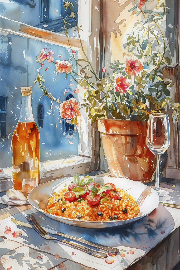 Watercolor painting of food on a table next to a window