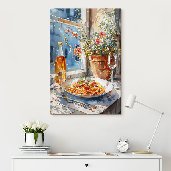 Watercolor painting of food on a table next to a window