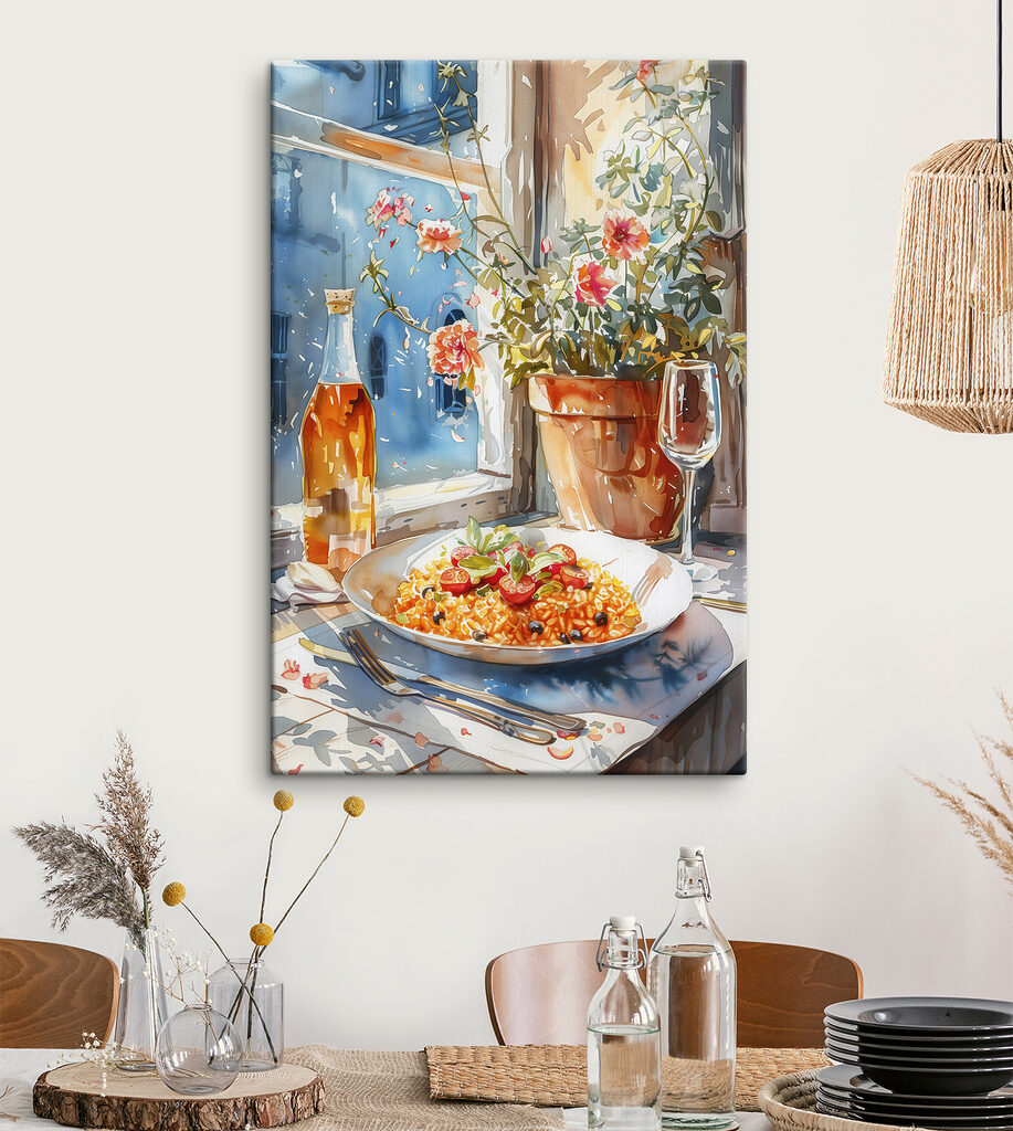 Watercolor painting of food on a table next to a window