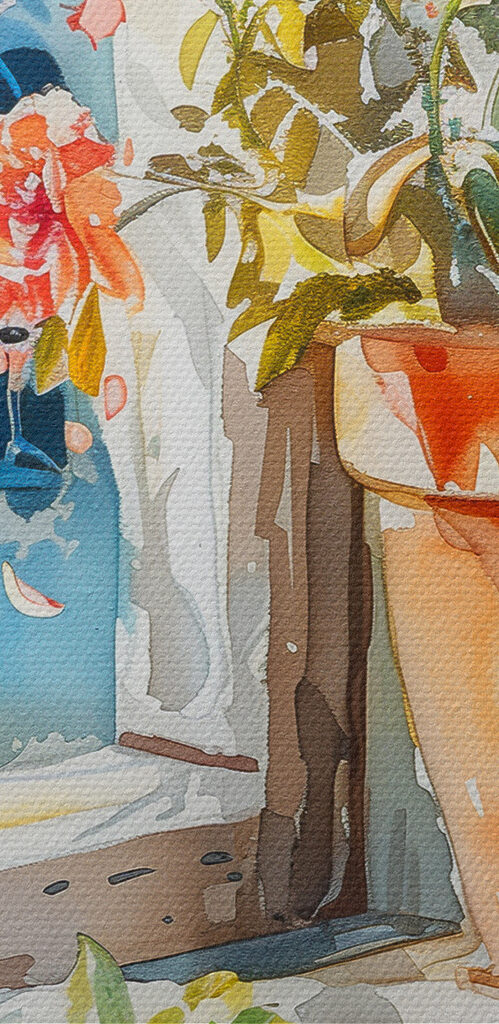 Watercolor painting of food on a table next to a window