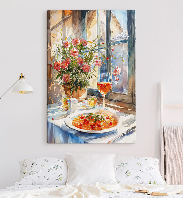 Quadri Quadri Acquerello raffigurante un tavolo con cibo e fiori (COD: s39707)