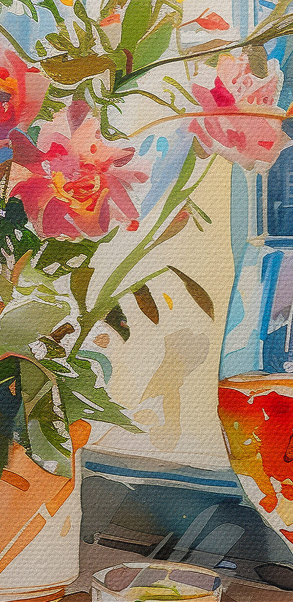 Watercolor painting of a table with food and flowers Watercolor painting of a table with food and flowers