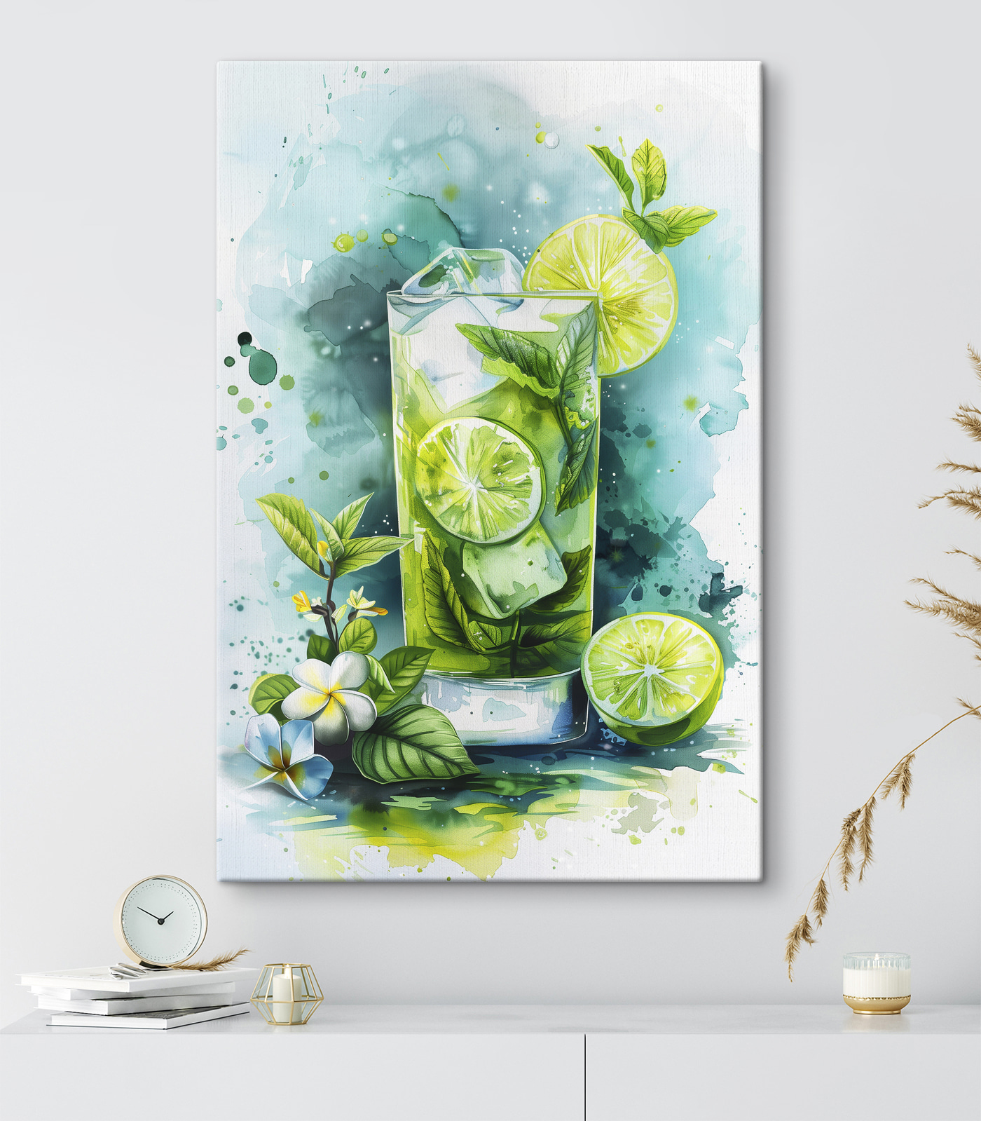 Watercolor of a drink with limes and leaves