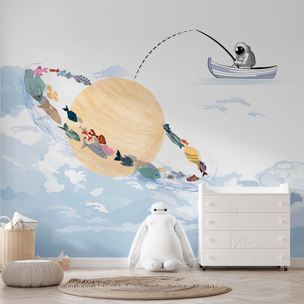 Cartoon of a planet with fish in it