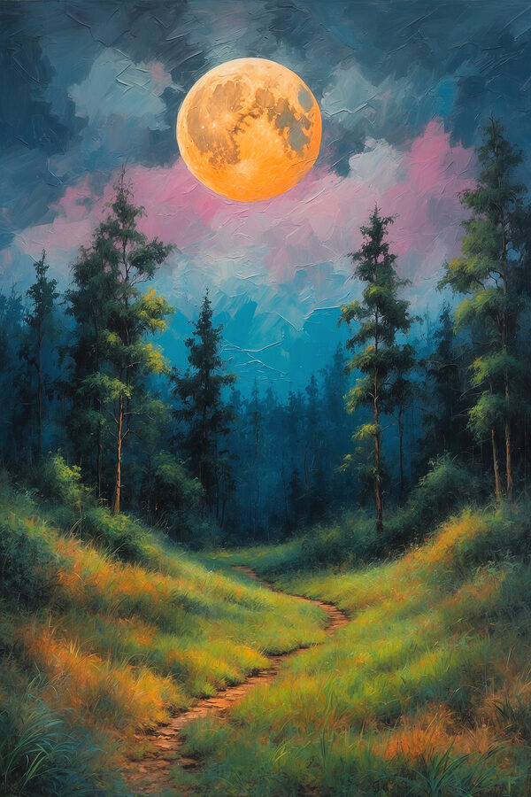 Painting of a path through a forest with trees and a full moon