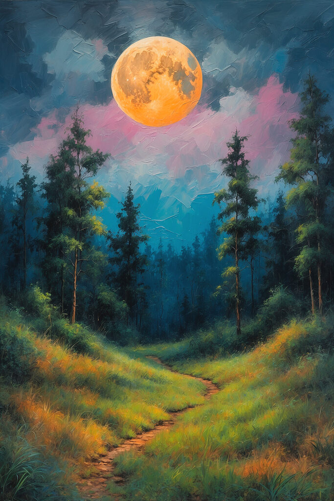 Painting of a path through a forest with trees and a full moon