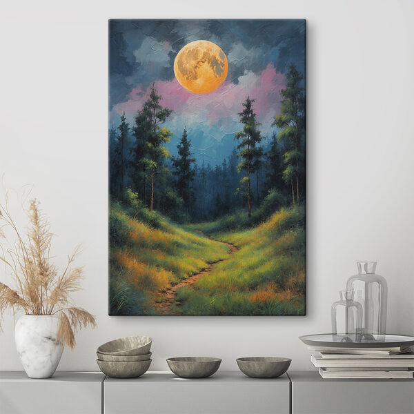 Quadri Quadri Dipinto raffigurante un sentiero che attraversa un bosco con alberi e la luna piena (COD: s39593)