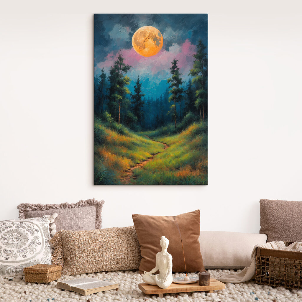 Painting of a path through a forest with trees and a full moon