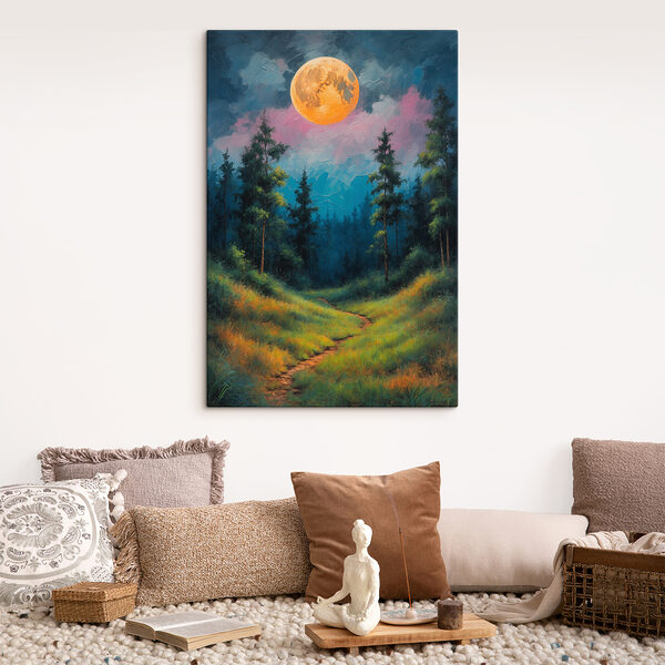 Painting of a path through a forest with trees and a full moon