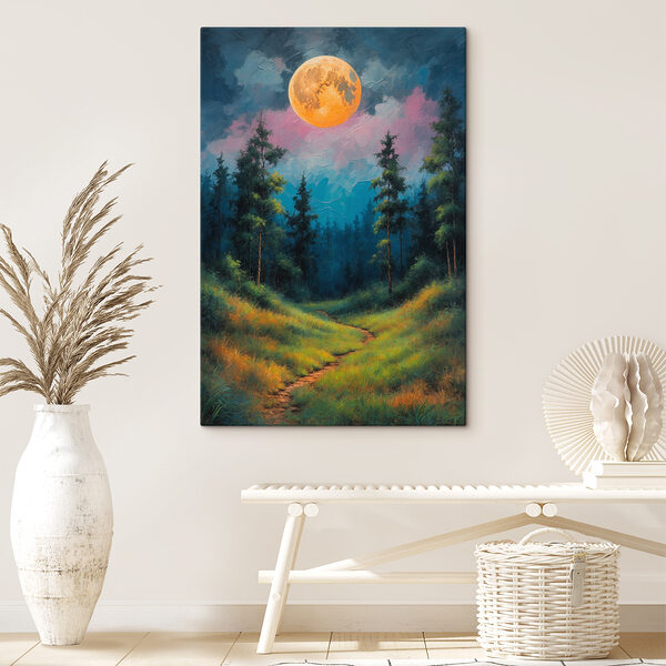 Painting of a path through a forest with trees and a full moon