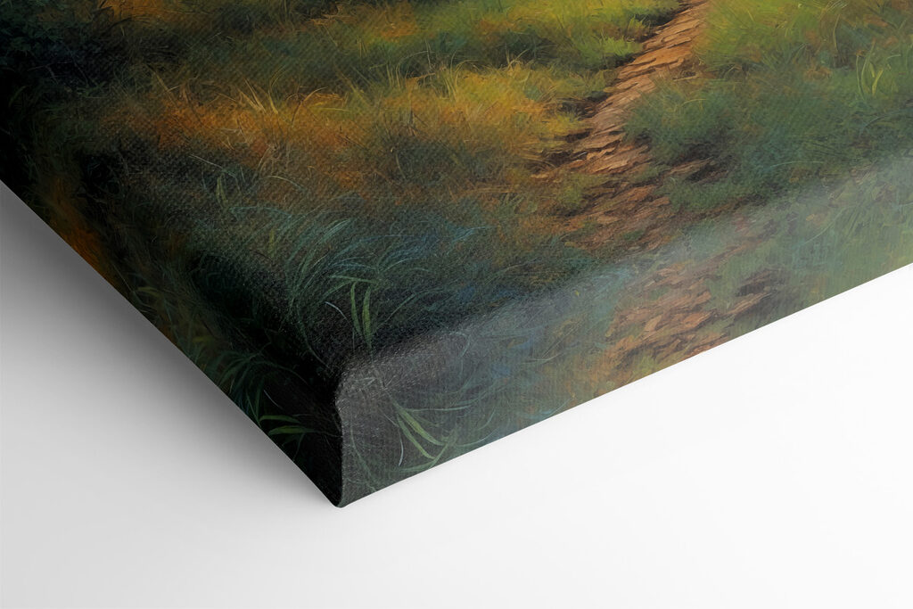 Painting of a path through a forest with trees and a full moon