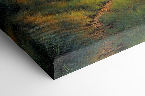 Painting of a path through a forest with trees and a full moon