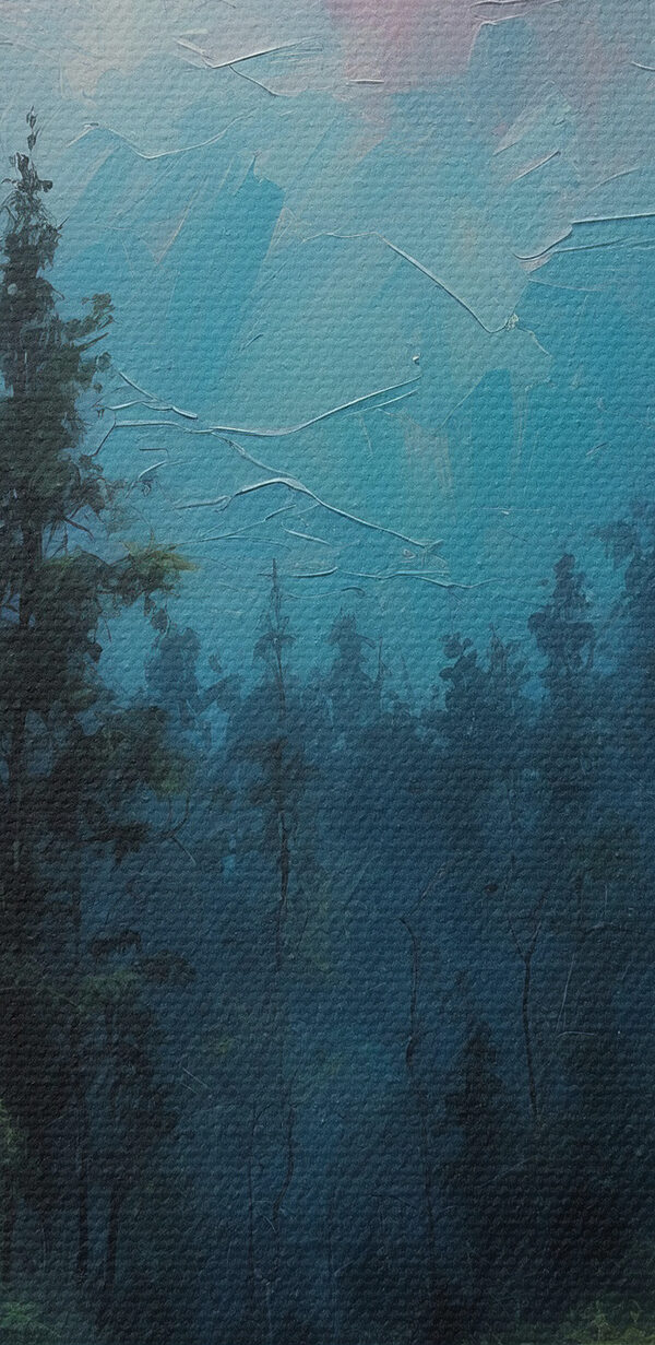 Painting of a path through a forest with trees and a full moon
