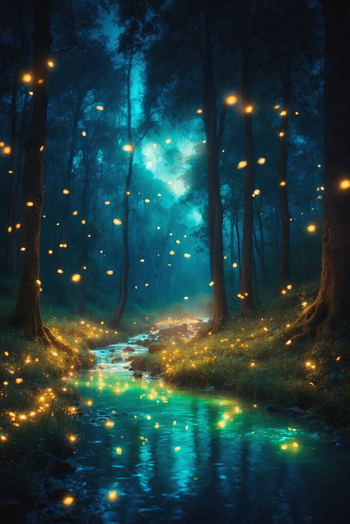Stream in a forest with fireflies Stream in a forest with fireflies