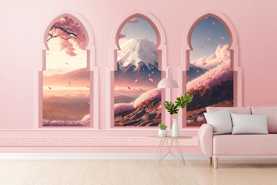 Tre finestre ad arco con vista sulle montagne