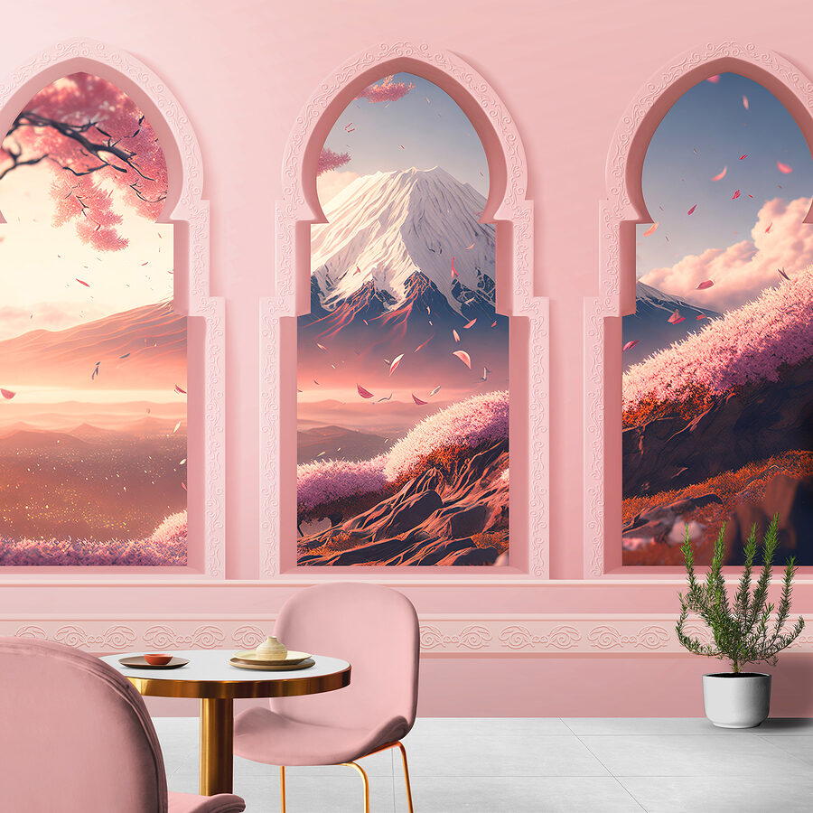 Tre finestre ad arco con vista sulle montagne