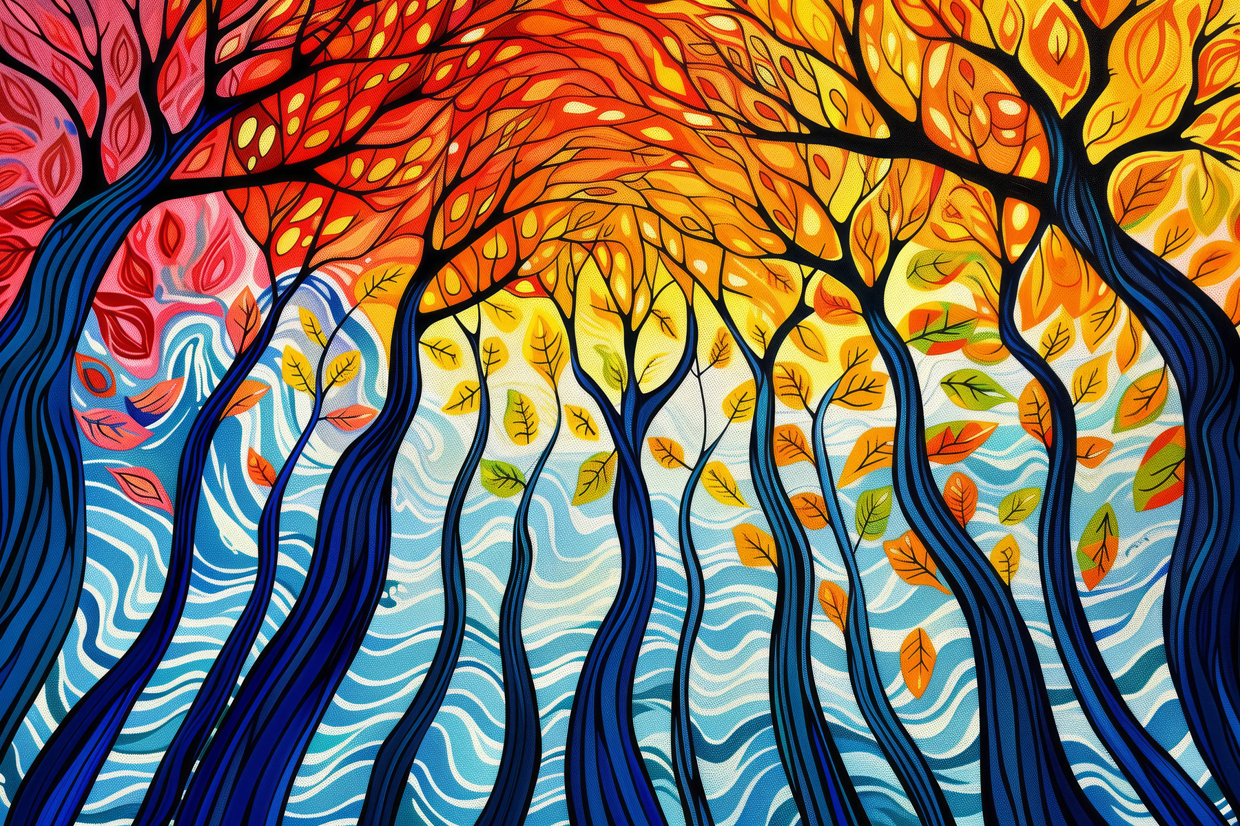 Colorful tree painting with many branches and leaves