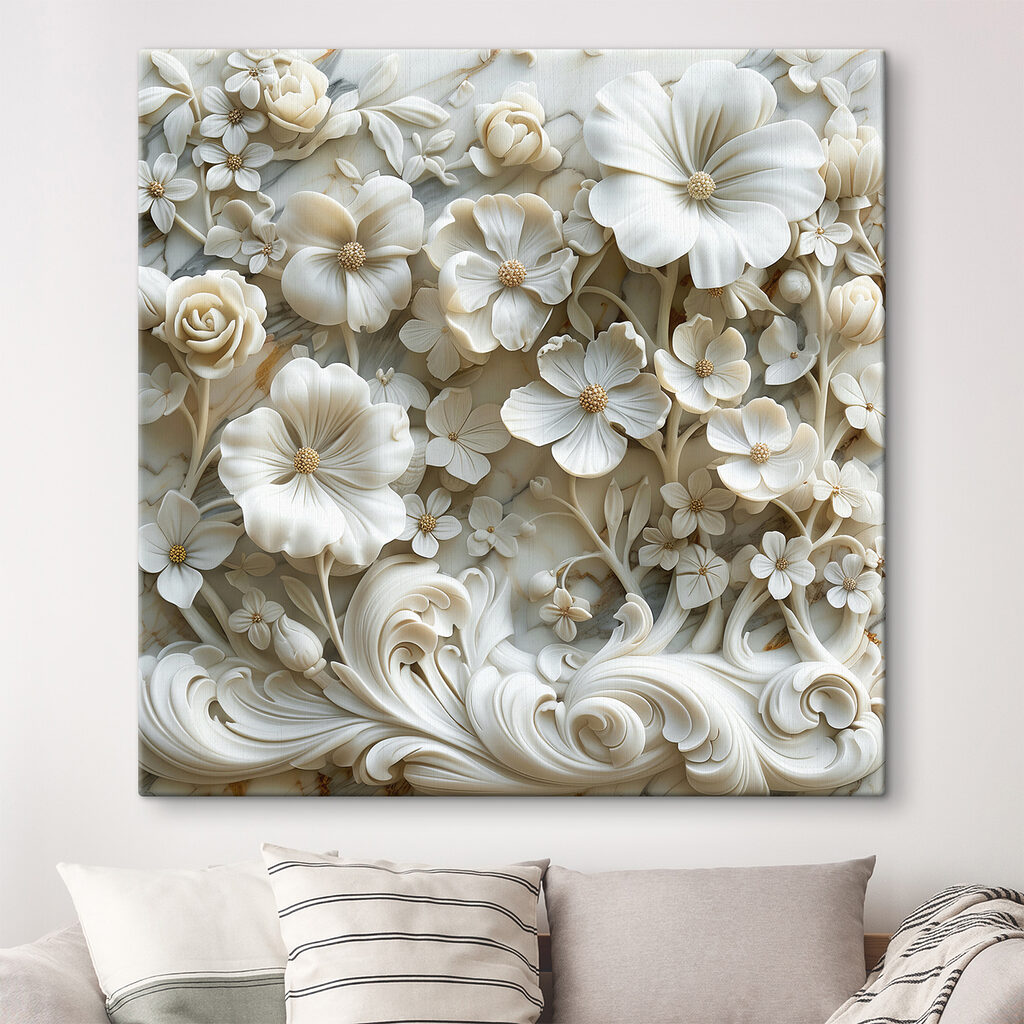 White floral design on a marble surface White floral design on a marble surface