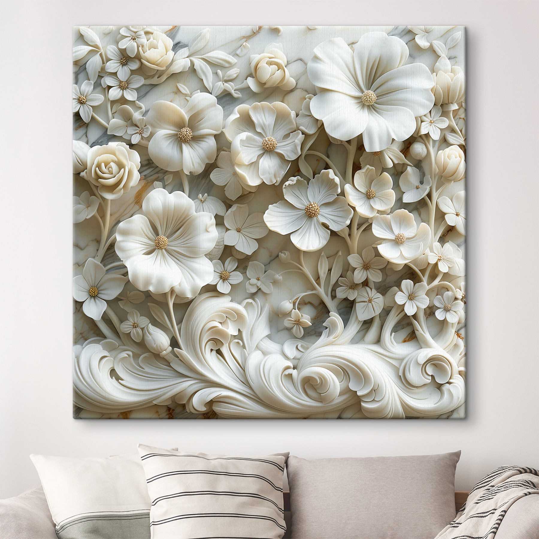 White floral design on a marble surface White floral design on a marble surface
