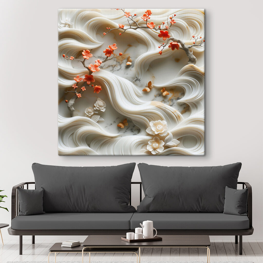 White wall with flowers and butterflies White wall with flowers and butterflies