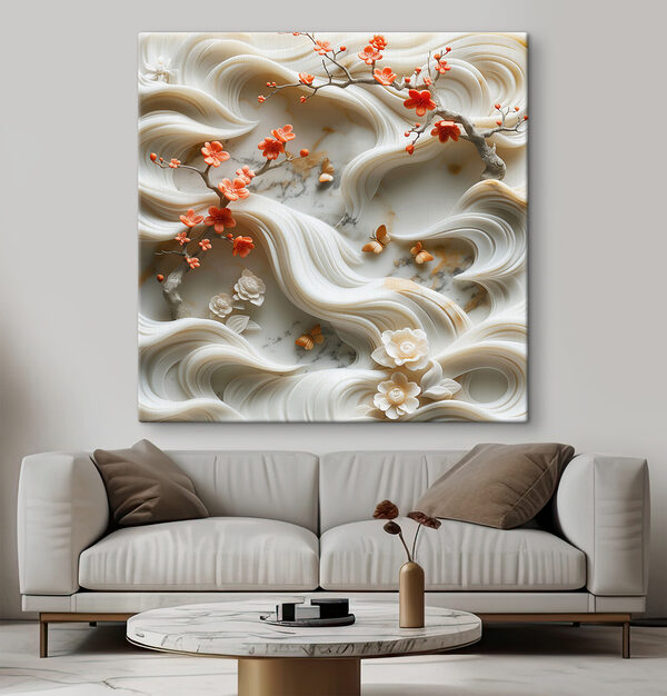 White wall with flowers and butterflies White wall with flowers and butterflies