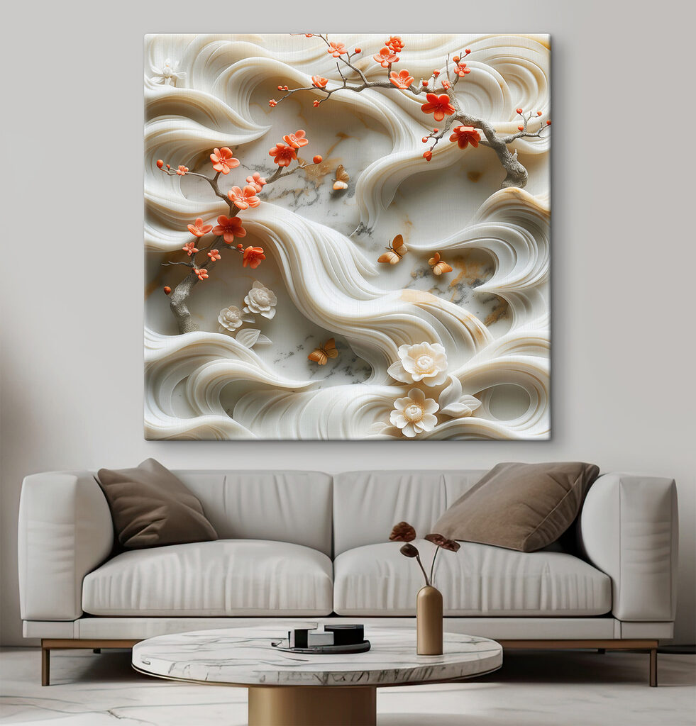 White wall with flowers and butterflies White wall with flowers and butterflies