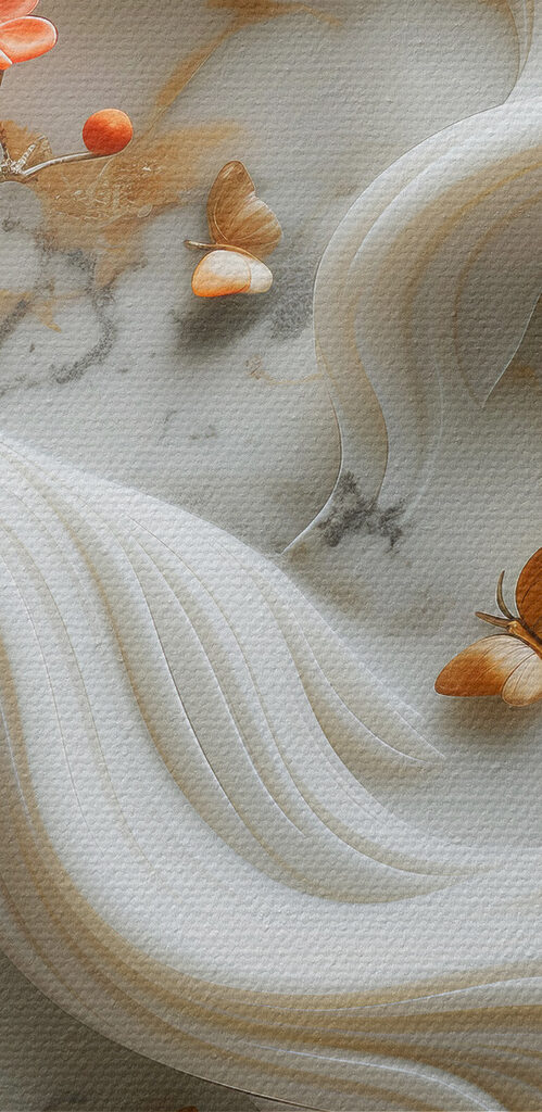 White wall with flowers and butterflies White wall with flowers and butterflies