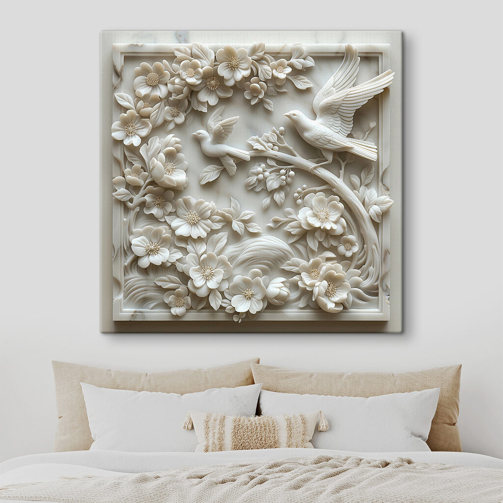 White sculpture of birds and flowers White sculpture of birds and flowers