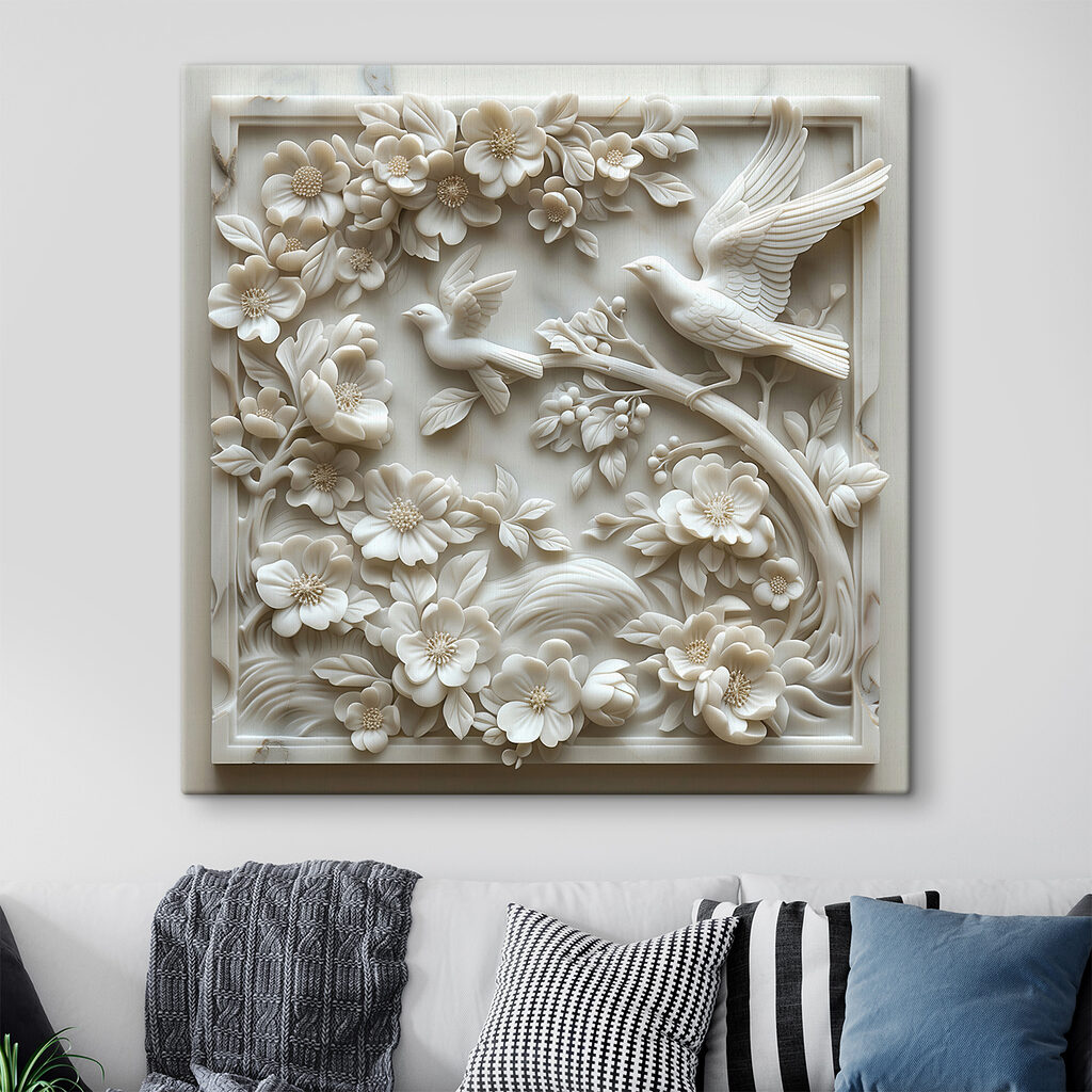White sculpture of birds and flowers White sculpture of birds and flowers