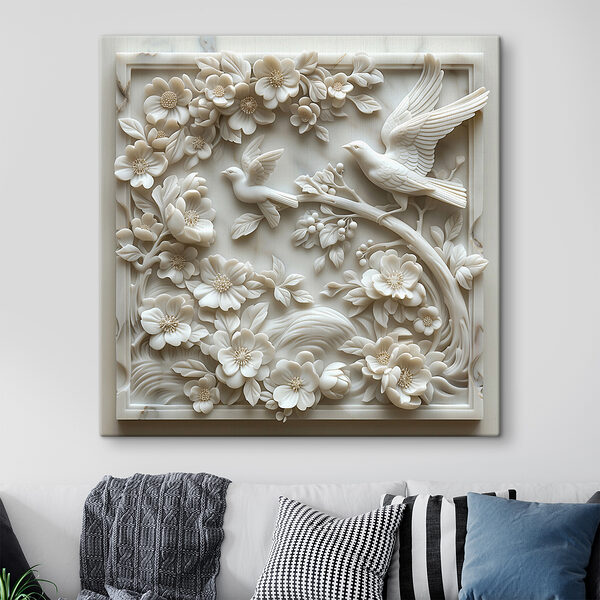 White sculpture of birds and flowers White sculpture of birds and flowers