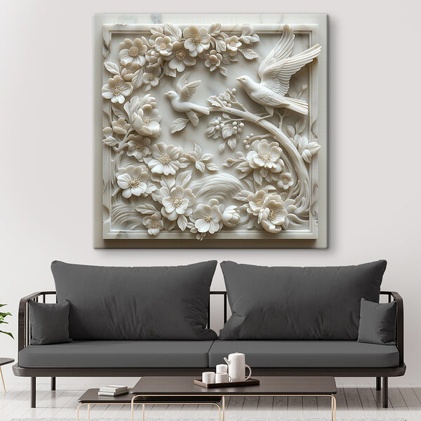 White sculpture of birds and flowers White sculpture of birds and flowers