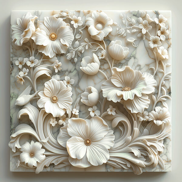 White floral design on a marble surface White floral design on a marble surface