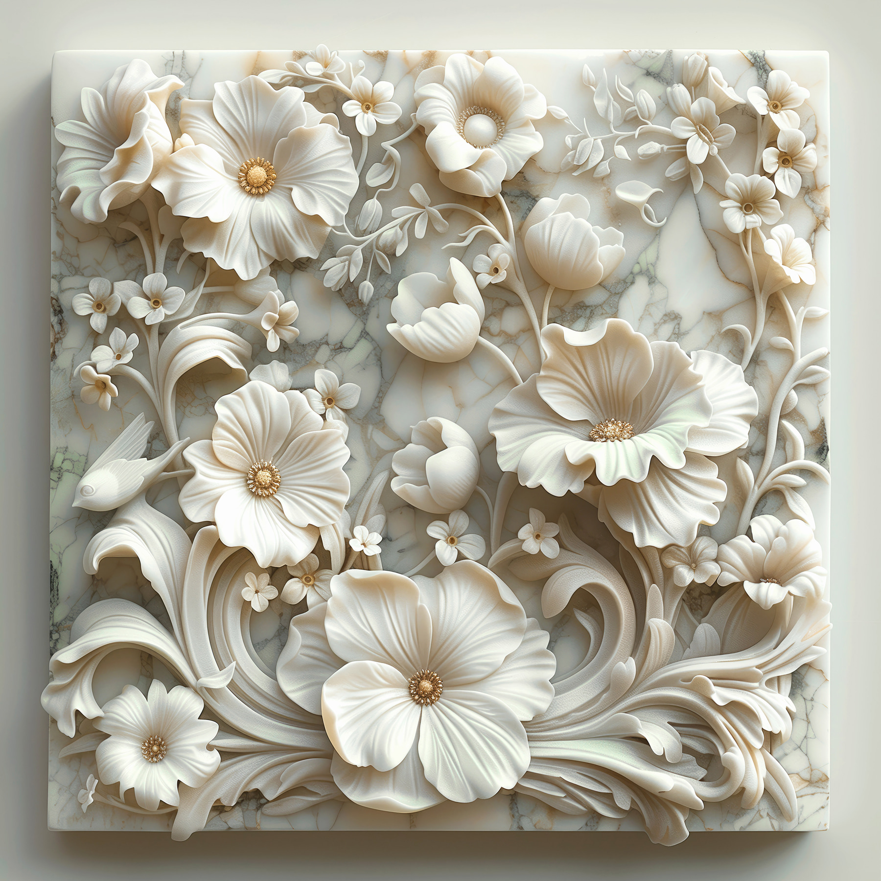 White floral design on a marble surface White floral design on a marble surface