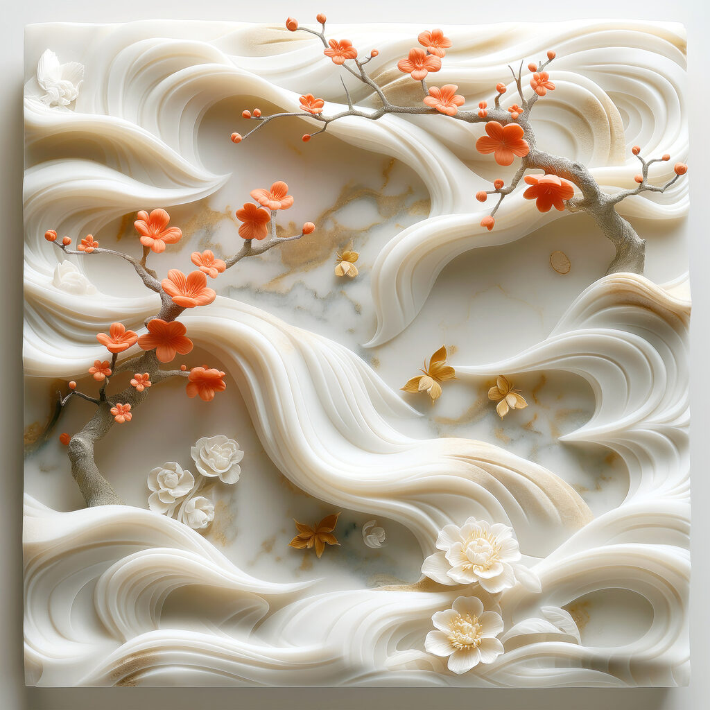 White wall with flowers and leaves White wall with flowers and leaves