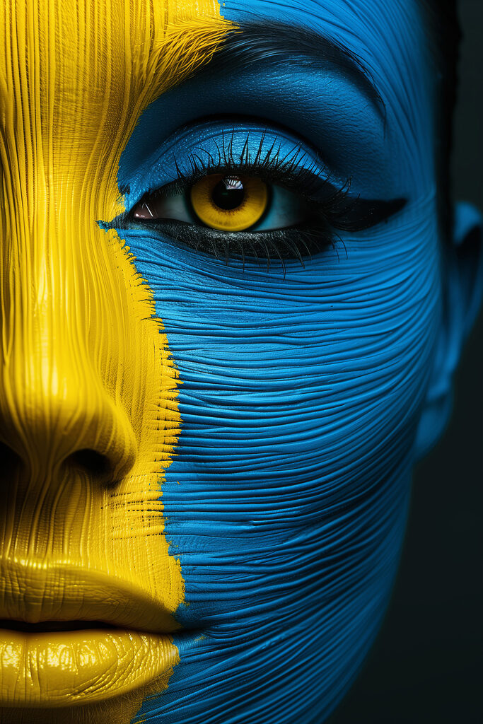 Close up of a woman's face painted with a yellow and blue paint Close up of a woman's face painted with a yellow and blue paint
