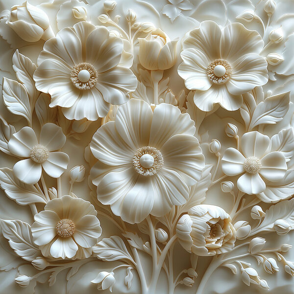 White flower sculpture with leaves and flowers