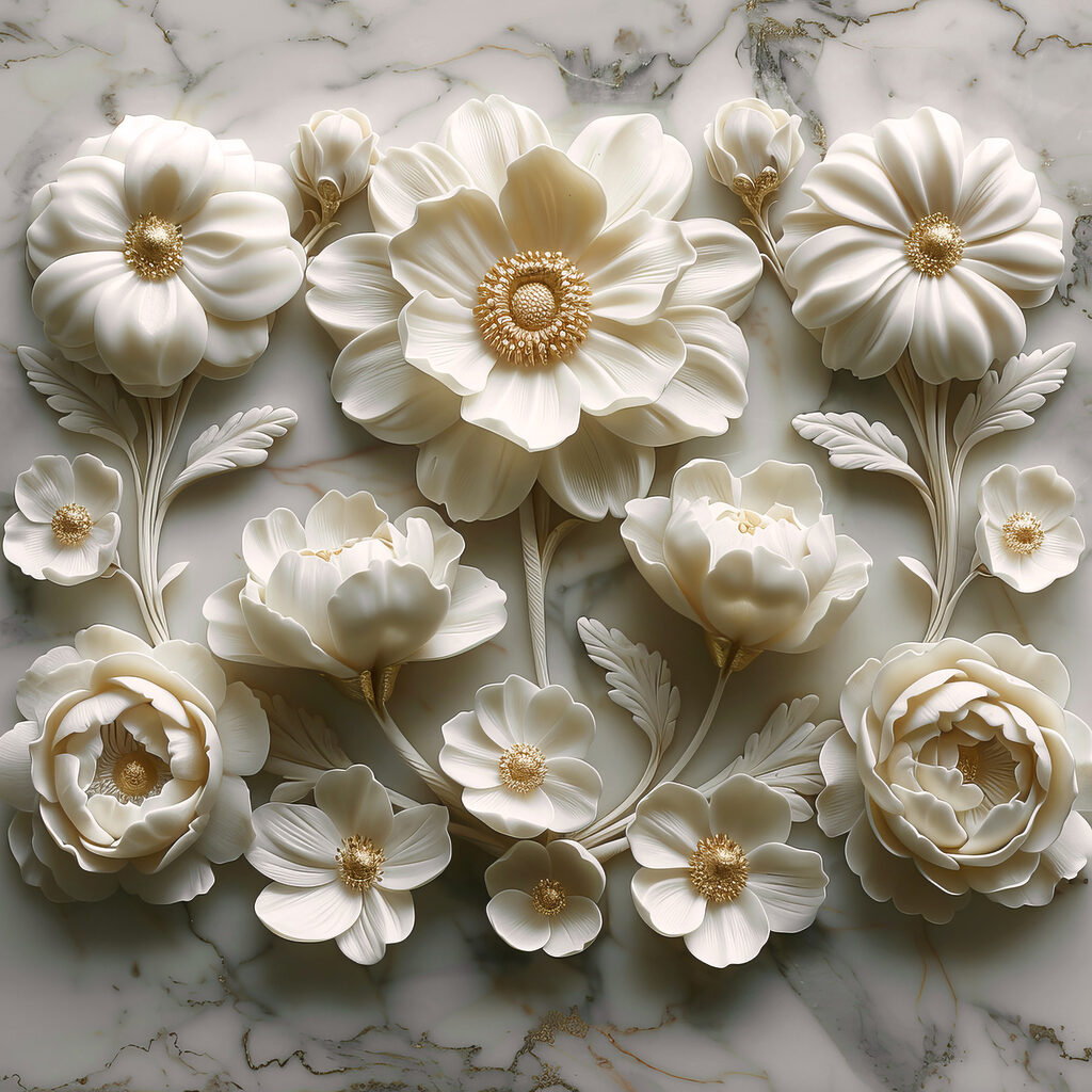 Group of white flowers on a marble surface