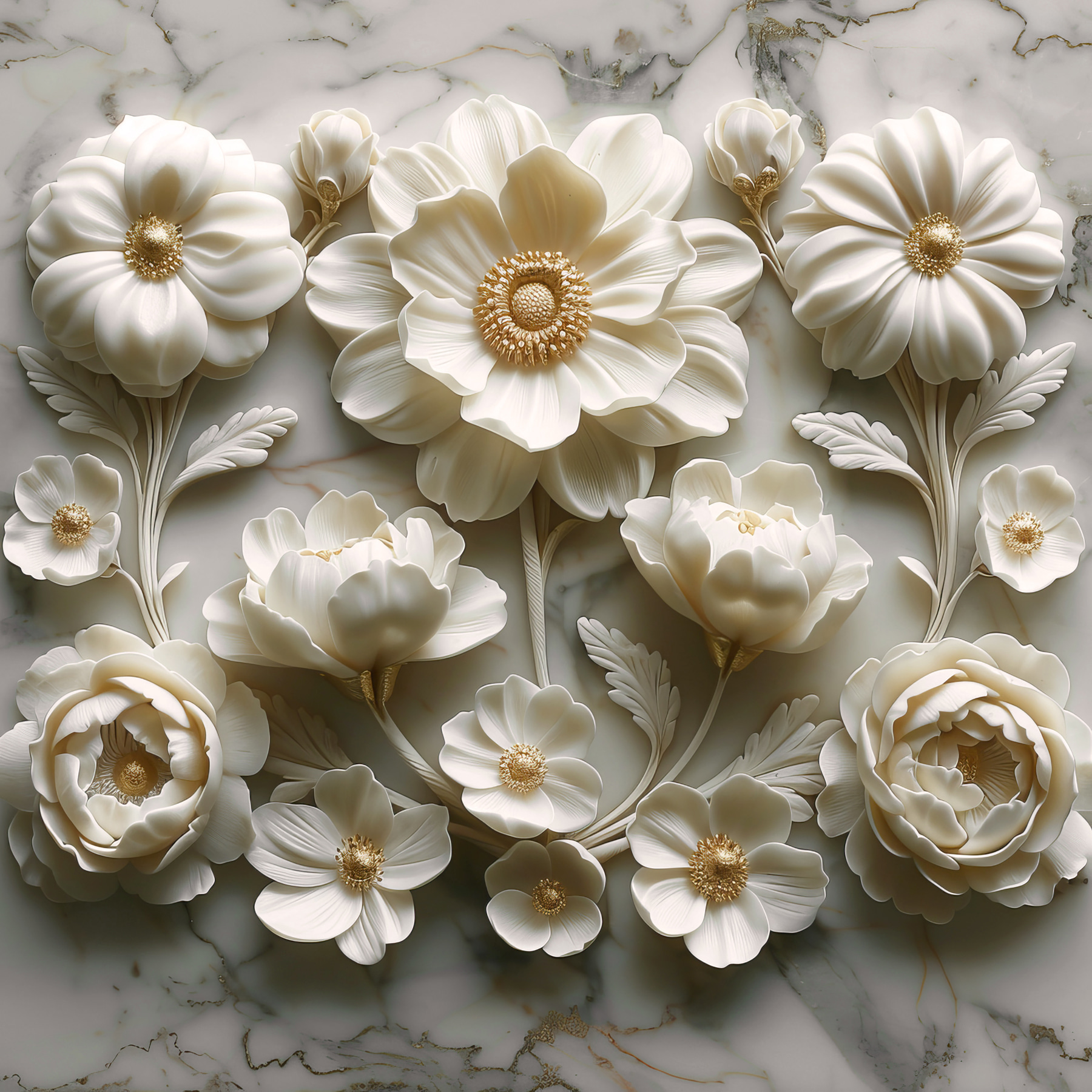 Group of white flowers on a marble surface