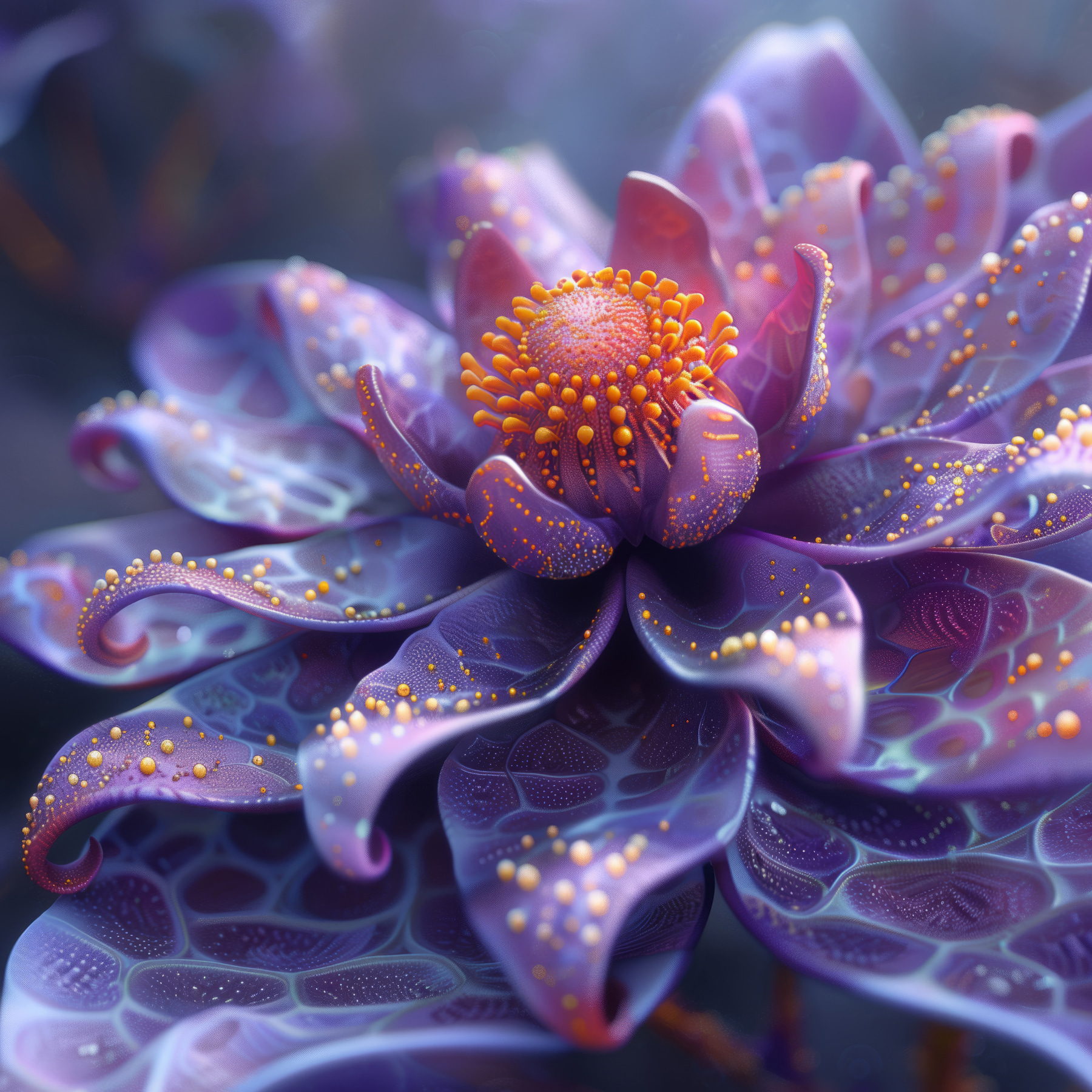 Purple flower with orange dots Purple flower with orange dots