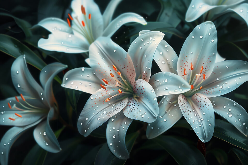 Group of white flowers with water droplets on them