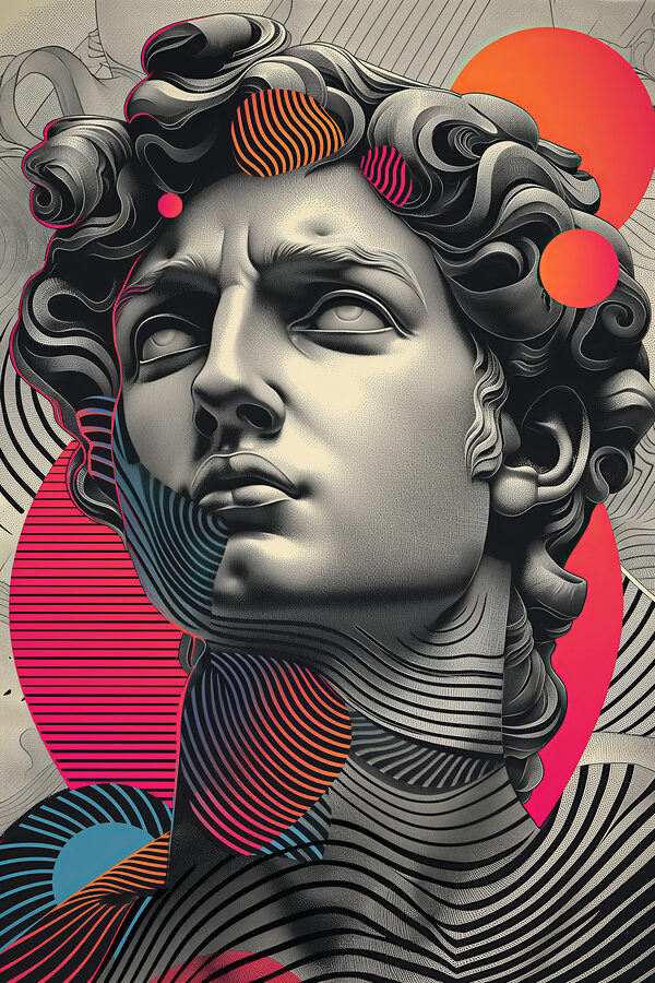 Head of a man with a colorful pattern