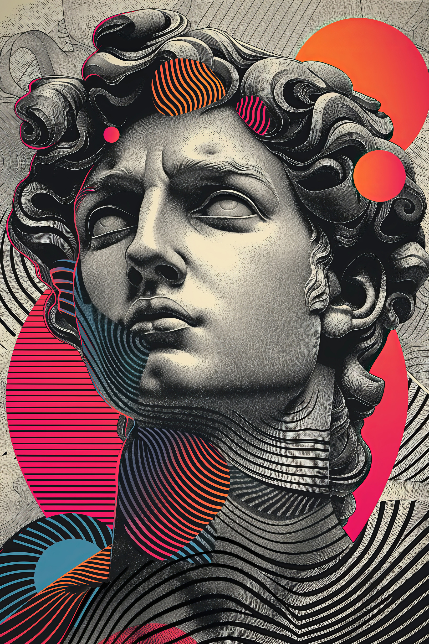 Head of a man with a colorful pattern