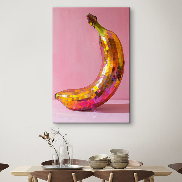 Quadri Quadri Una banana colorata a forma di specchio su uno sfondo rosa (COD: s39766)