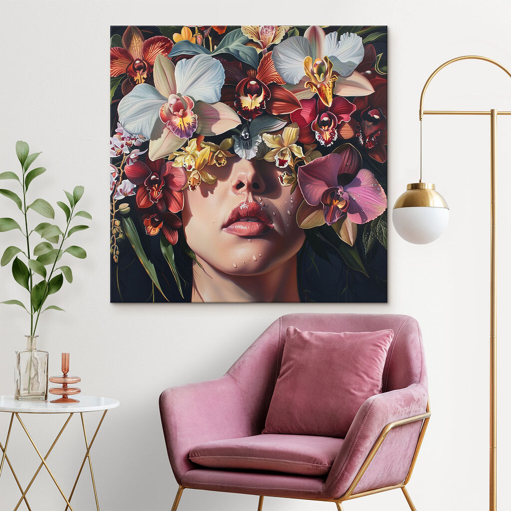 Painting of a woman with flowers on her head Painting of a woman with flowers on her head