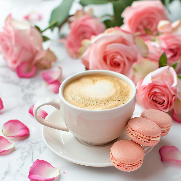 Cup of coffee and pink roses